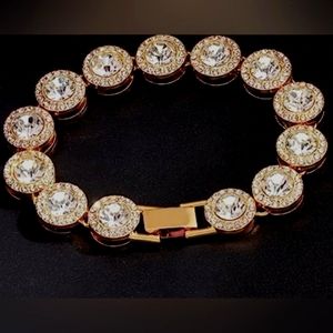 Pave Iced CZ Crystal Gold Wide Round Links Bracelet Rhinestone Unisex Mens New